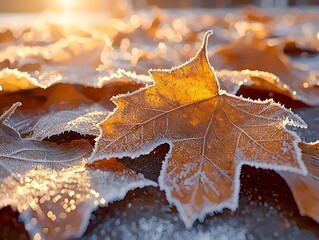 Beautiful close-up of frozen orange maple leaves covered in frost, capturing the warm glow of sunlight filtering through the foliage, creating a serene autumn atmosphere.