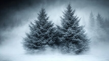 A serene winter scene featuring snow-covered evergreen trees shrouded in mist.
