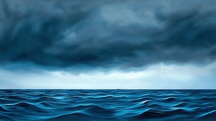 Fototapeta premium A painting portrays a tempestuous scene on a water body, featuring a boat upfront and distant lightning