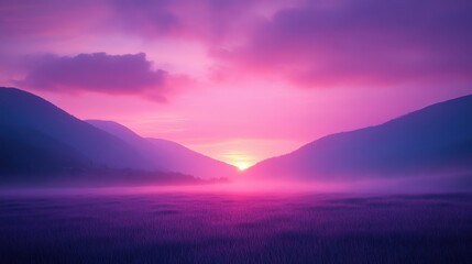A stunning sunset paints the sky in vibrant purples and pinks over misty mountains, creating a serene landscape.