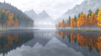Fototapeta premium A serene autumn landscape featuring vibrant orange trees reflecting in a calm lake surrounded by misty mountains.
