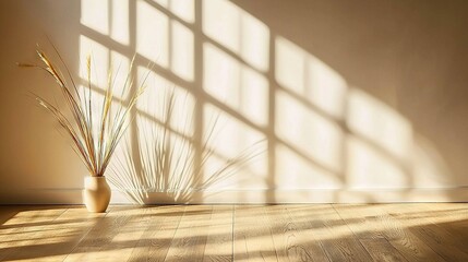   A wooden floor holds a potted plant near a sunlit window