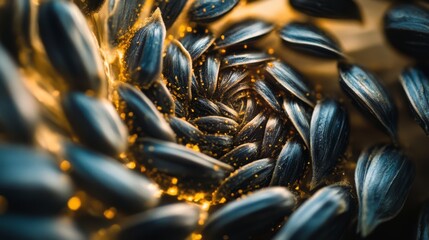 Close-up of sunflower seeds arranged in a spiral pattern with a golden glow.