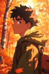 Fototapeta premium Anime-style profile of a man with short black hair and gray eyes, wearing casual clothes and a backpack. Set against an autumn background with orange leaves falling, the warm colors and soft lighting 