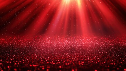 A vibrant red background with sparkling glitter and rays of light creating a dramatic and festive atmosphere.