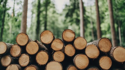 Logs arranged neatly in a forest with tall trees surrounding them.