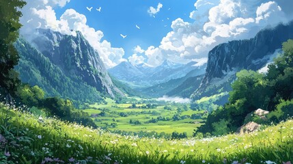 Obraz premium A breathtaking view of a valley nestled between towering mountain ranges, with lush green meadows and a blue sky dotted with fluffy clouds.