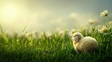 Obraz premium A sheep grazing amidst a lush green field with daisies in focus and a serene blue sky above
