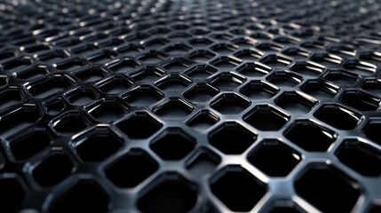 Close-up of a sleek, black hexagonal mesh surface, showcasing intricate patterns and glossy finishes.