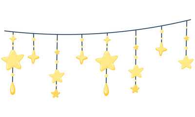 Decorative garland with stars. Hanging colored stars with doodle style ornament isolated on background. Hand drawn Christmas garland. Garland for cards and banners with congratulations.