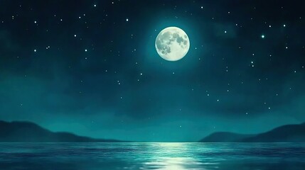  Full moon over water with mountains and stars behind