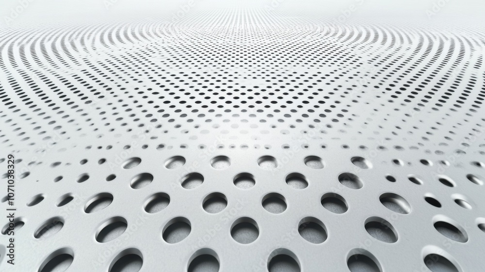 Poster abstract pattern of metallic perforated surface with varying hole sizes creating a dynamic visual ef
