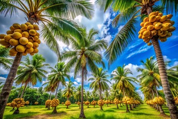 Lush Landscape Featuring Ripe Arecanut Trees Under a Bright Sky with Vibrant Green Foliage and Golden Nut Clusters, Capturing the Essence of Tropical Agriculture and Nature's Bounty