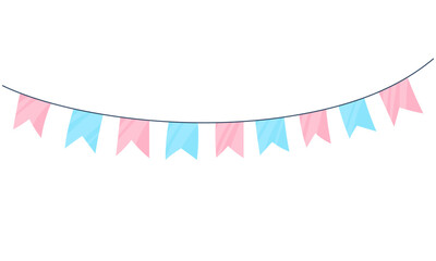 Vector garland with flags of pink and blue colors for a gender party, baby's birthday, isolated on a white background. Celebrating a child's birthday, finding out the gender of the unborn baby.