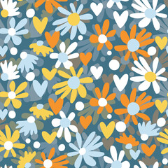 Seamless floral pattern based on traditional folk art ornaments. Colorful flowers on color background. Scandinavian style. Sweden nordic style. Vector illustration. Simple minimalistic pattern