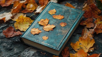 A vintage book surrounded by autumn leaves on a stone surface