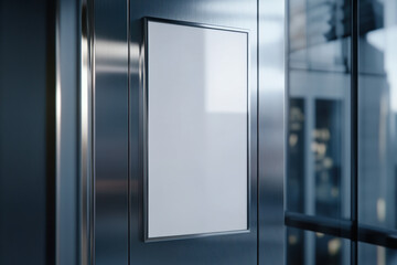 Mock up. Vertical poster media template frame hanging on the wall in modern elevator lift with glass wall