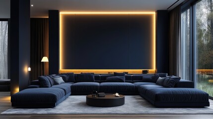 Modern Luxury Living Room with Dark Blue Sofa and Ambient Lighting in Contemporary Home Interior Design