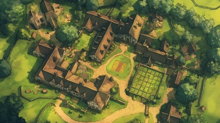 Fototapeta premium Rural Countryside Estate Houses Buildings Tabletop RPG Map, Fantasy Roleplaying Dungeon Battlemap, Adventure Games Encounters, Farmhouses Farm Town Gaming Design, TTRPG Buildings Architecture Concept