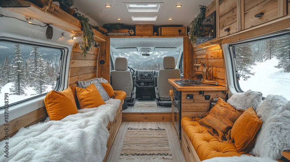 Poster inside a beautifully designed van, warm wooden accents complement soft plush seating, creating a coz