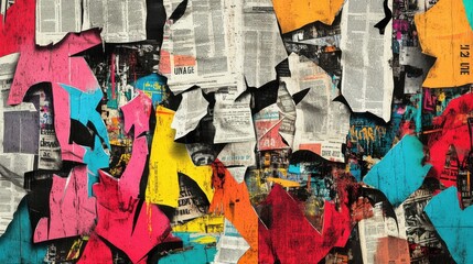 Colorful abstract collage featuring torn newspaper clippings and vibrant paint in a mix of bold hues.