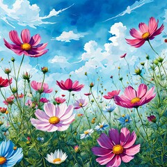 Stunning floral landscape with cosmos flowers under bright sky. Rich hues of pink, yellow, white contrast beautifully with azure backdrop, evoking serene, uplifting atmosphere perfect for any setting.