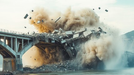 Dramatic Bridge Demolition Captured Mid-Explosion with Dust and Debris Filling the Sky Over a River
