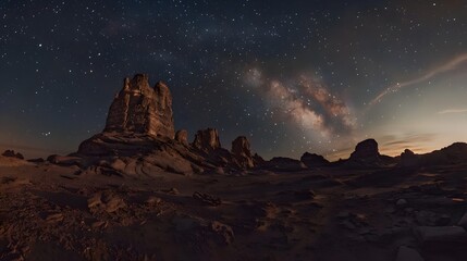 Otherworldly Night Sky with Stars Over Desert Rocks