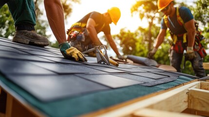 Construction Workers Installing Roof Shingles on a New House Under Bright Sunlight in a Green Forested Area