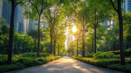 Obraz premium Serene urban park pathway with sunlight filtering through trees