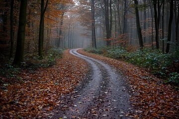 Obraz premium A serene winding path through a tranquil autumn forest, featuring vibrant orange and brown leaves scattered on the ground, surrounded by tall trees silhouetted against a foggy backdrop.