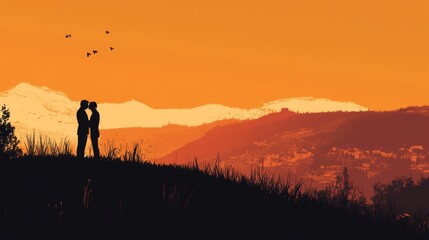 Couple silhouetted against a sunset with a mountain range in the background.