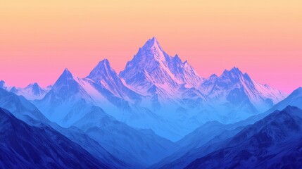 A breathtaking view of majestic blue and pink mountains at sunset, creating a serene and vibrant atmosphere.