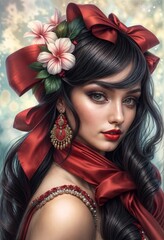 Fototapeta premium Portrait of a girl with a red bow and flowers in her hair