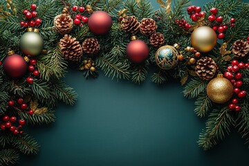 Festive Christmas Border of Pine Branches, Ornaments, and Berries