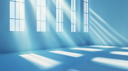 Serene blue indoor space with soft light filtering through tall windows, creating a tranquil ambiance.