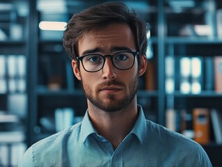 Obraz premium Aesthetic Young Man, Modern Library Setting