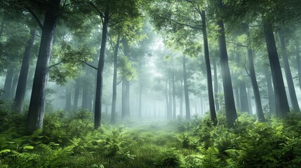 Obraz premium A serene forest scene with lush greenery and mist creating a tranquil atmosphere.
