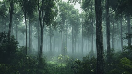 Fototapeta premium Misty forest scene with tall trees and lush greenery, creating a tranquil and mysterious ambiance.