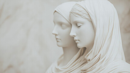 Elegant marble sculptures of two women adorned with headscarves in a serene art gallery setting