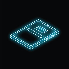 Neon icon of computer ssd drive glowing blue on black background