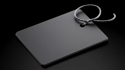 Fototapeta premium Simple blank tag with string on a solid black background space for text or branding suitable for stylish or high-end product displays. 