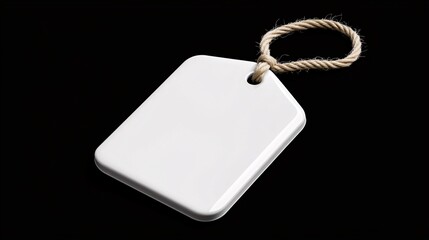 Fototapeta premium Simple blank tag with string on a solid black background space for text or branding suitable for stylish or high-end product displays. 