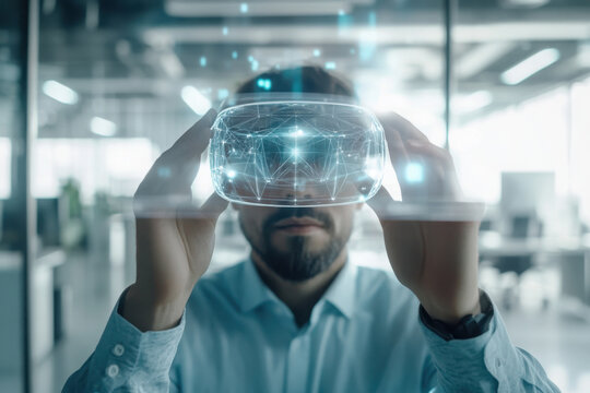 Man holding augmented reality headset with digital holographic interface, symbolizing technology and innovation in modern office setting. Copy space