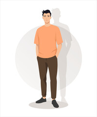 Vector illustration. Young man in orange T-shirt and brown pants. Bright and simple style, suitable for everyday wear and leisure.