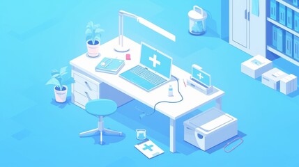 Modern online doctor's office with a laptop and medical equipment, emphasizing a contemporary approach to healthcare. The clinic features digital tools, offering remote consultations and telemedicine 