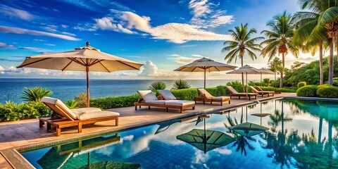 Naklejka premium Luxurious Poolside Relaxation Area with Sun Loungers and Umbrella Overlooking a Tranquil Ocean, Perfect for a Serene Vacation Experience in a Tropical Paradise