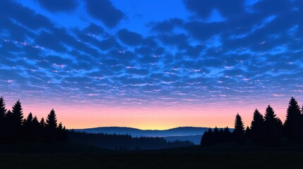 A serene twilight landscape featuring silhouette pine trees against a vibrant sunset sky.