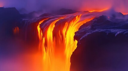 Fototapeta premium A breathtaking view of molten lava cascading down a rocky cliff, enveloped in ethereal mist and vibrant colors.