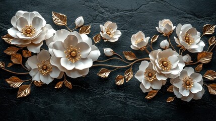 Fototapeta premium White Flowers and Gold Foliage on Black Background